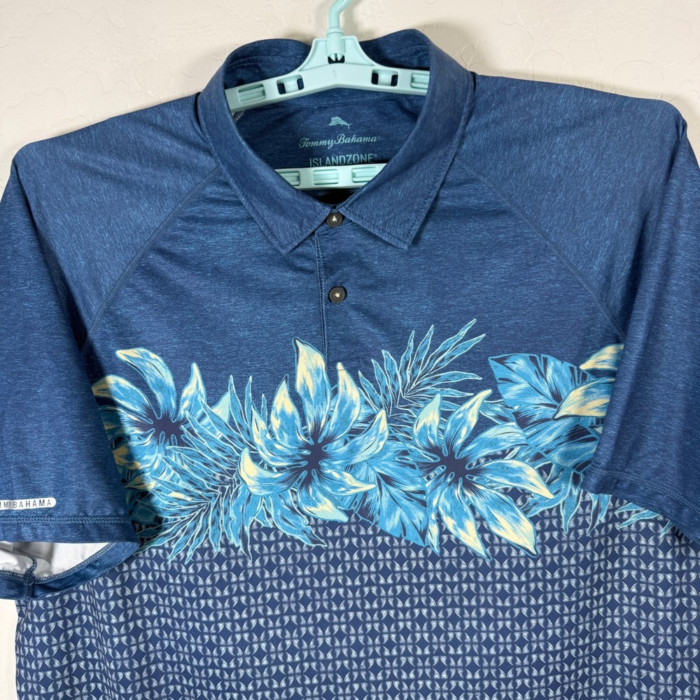 Tommy Bahama Polo Shirt Mens 2XL Blue IslandZone Floral Beach Golf Performance